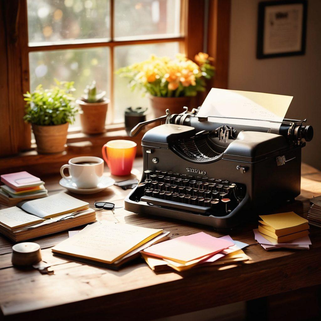 A serene workspace with a vintage typewriter on a wooden desk, surrounded by scattered pages filled with handwritten notes and colorful sticky notes. A steaming cup of coffee sits beside the typewriter, and sunlight filters through a nearby window, casting soft shadows. Illustrate a dynamic flow of words or letters emerging from the typewriter, symbolizing creativity and engagement. The scene has a warm, inviting atmosphere. super-realistic. warm colors. natural lighting.
