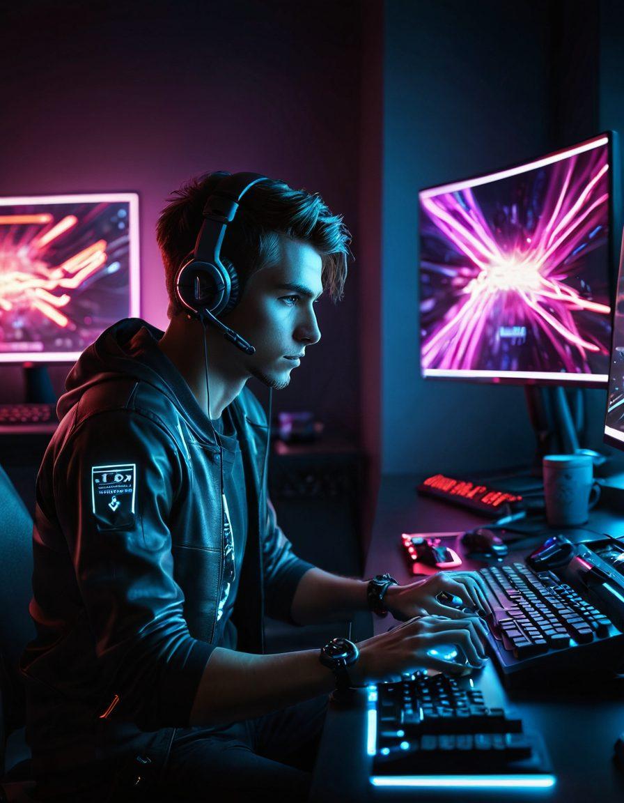 A focused individual at a sleek, modern gaming desk, with an illuminated keyboard and multiple screens displaying typing games. Include visual elements of speed, like motion blur around the fingers typing rapidly. The room is dimly lit with neon accents for a high-energy vibe. Inspirational quotes on the walls about practice and skill-building. futuristic digital art. vibrant colors. 3D.