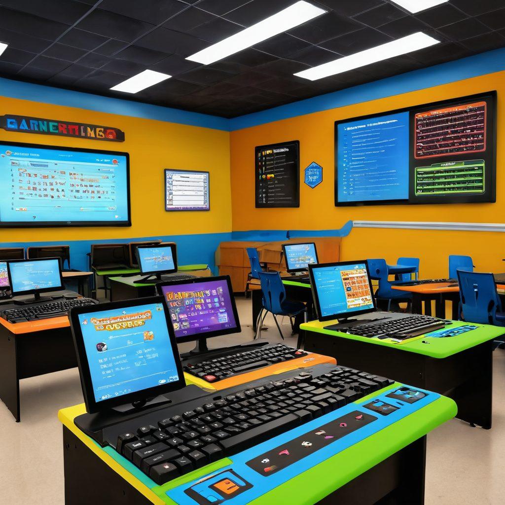 An engaging classroom setting where diverse students are immersed in game-based learning activities, typing on colorful keyboards with animated letters flying around them. Include interactive digital screens showcasing fun typing games and progress charts. The atmosphere should be lively and inspiring, with bright colors and a sense of teamwork. super-realistic. vibrant colors. digital art.